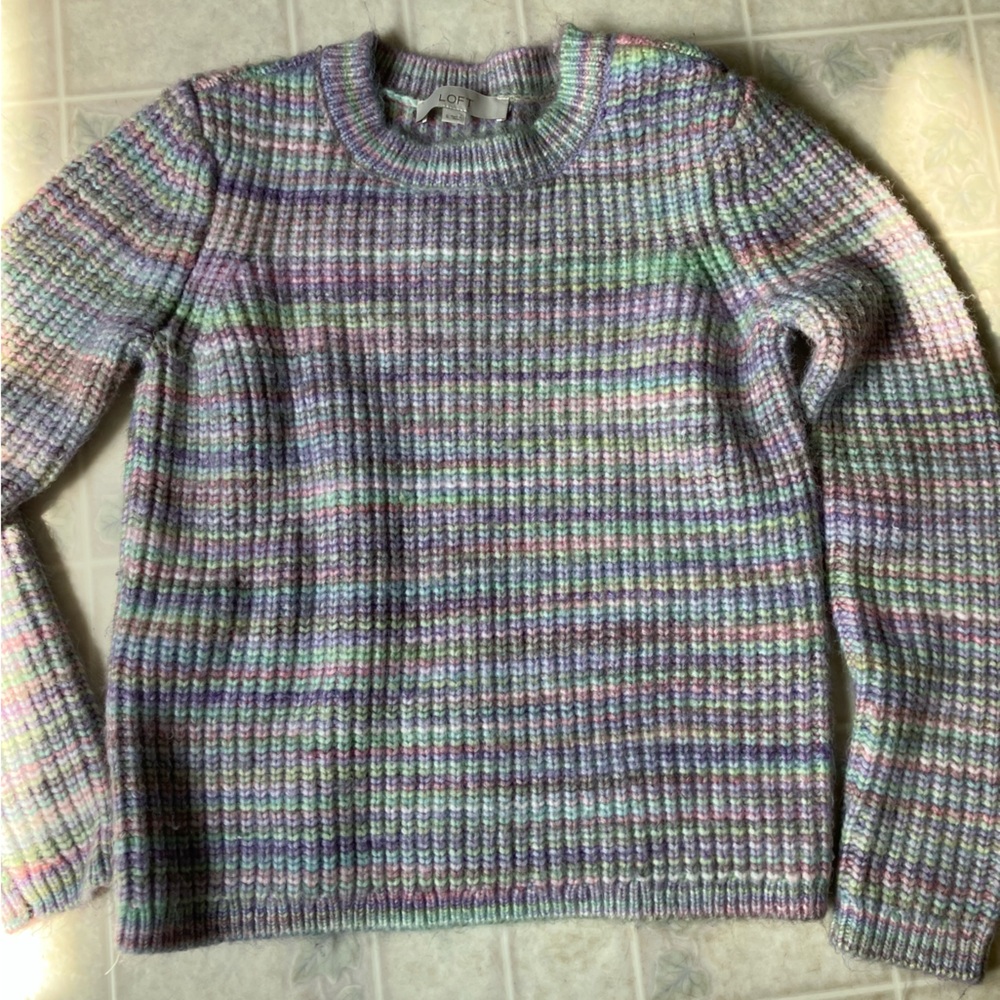 Loft‎ Chunky Knit Pastel Variegated Stripe Long Raglan Sleeve Sweater